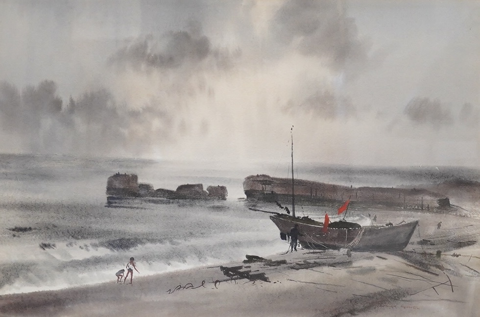 Thomas Liverton (1907-1973), pair of watercolours, Riverscape and The Sea Wall, Hastings, one signed, 37 x 54cm. Condition - good